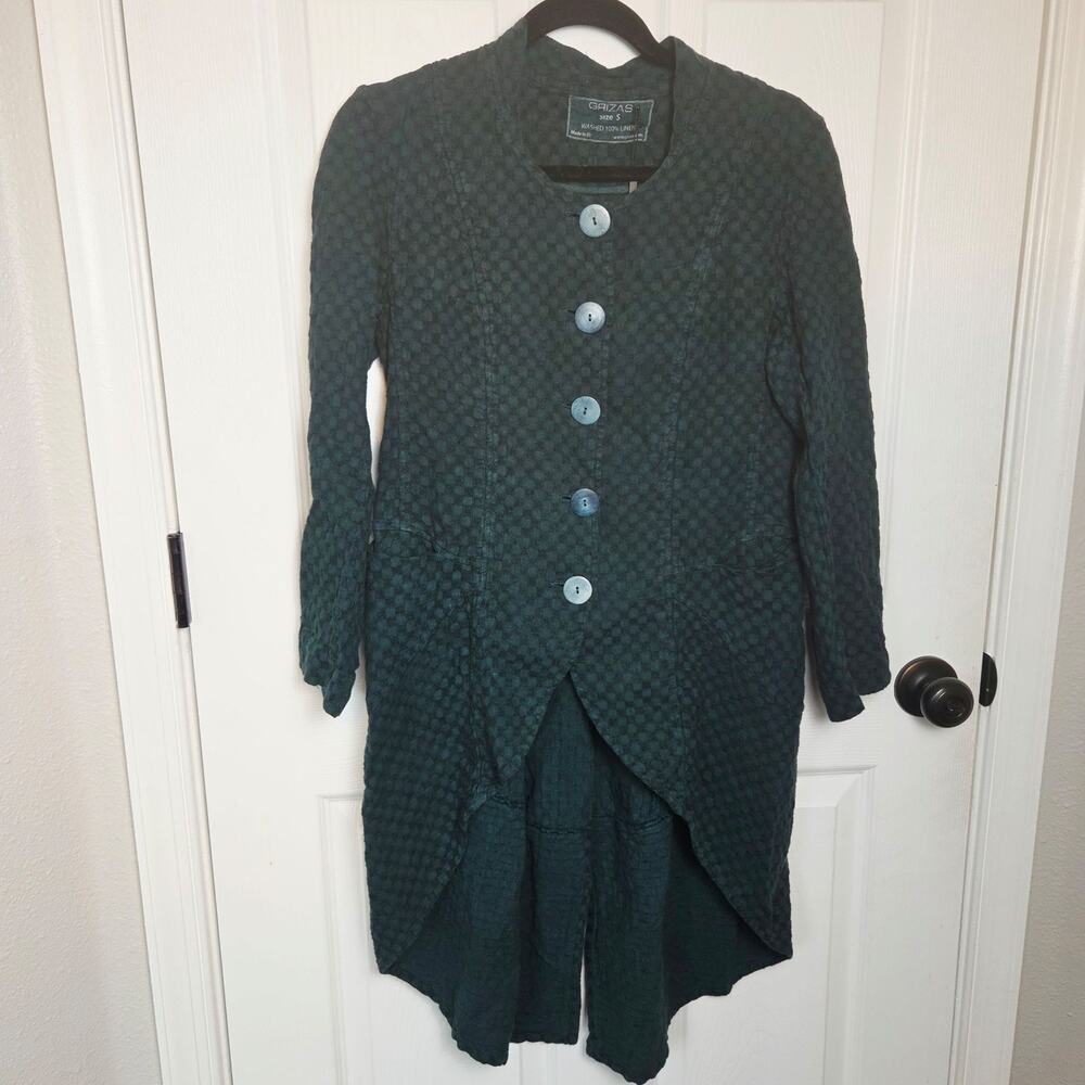 Grizas Coat Womens Small Green Linen Check Longline Asymmetrical High Low A-7875